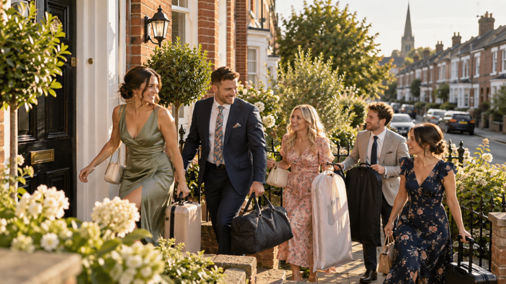 wedding guests arriving with luggage in Darlington